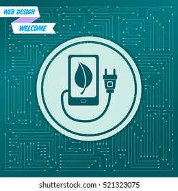 charge eco power, usb cable is connected to the phone icon on a green background, with arrows in different directions. It appears on the electronic board. Vector illustration