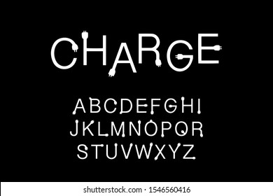 Charge hand drawn vector type font in cartoon comic style black white electricity device wire black white