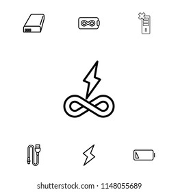 Charge icon. collection of 7 charge outline icons such as endless battery, wire, battery, low battery. editable charge icons for web and mobile.