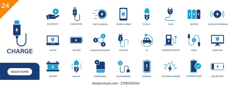 Icono de Recargo. Incluye batería, carga rápida, electricidad, enchufe, estación de carga, adaptador, carga inalámbrica. Conjunto de iconos de Vector sólido.
