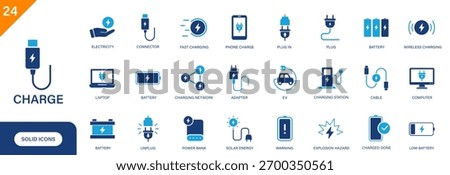 Charge icon. Includes battery, fast charging, electricity, plug, charging station, adapter, wireless charging. Solid vector icon set.
