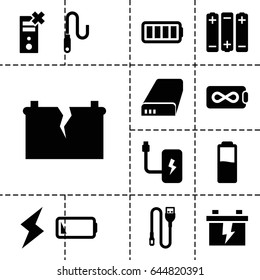 Charge icon. set of 13 filled chargeicons such as battery, wire, ful battery, flash