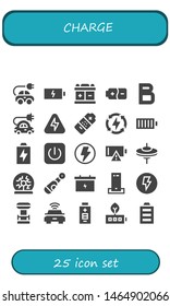 charge icon set. 25 filled charge icons.  Simple modern icons about  - Electric car, Battery, Bold, Energy, Full battery, Power, Flash, Empty battery, Cymbals, Plasma ball, Electric