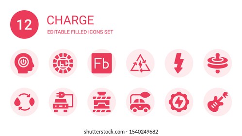 charge icon set. Collection of 12 filled charge icons included Power, Electric, Flash, Bolt, Energy, Electric car, Cymbals
