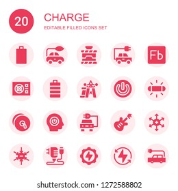 charge icon set. Collection of 20 filled charge icons included Empty battery, Electric car, Power, Energy, Flash, Full battery, Cymbals, Electric, Positive ion, Negative ion, Charger