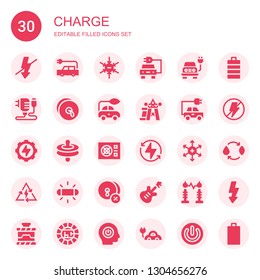 charge icon set. Collection of 30 filled charge icons included Flash, Electric car, Negative ion, Electric, Charger, Cymbals, Power, Energy, Bolt, Positive ion, Electricity, Full battery