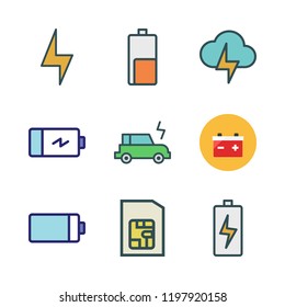 charge icon set. vector set about light bolt, electric car, battery and sim card icons set.