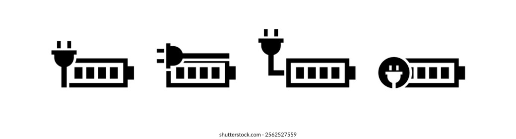 charge icon vector illustration. battery with charger in black style concept - stock vector.