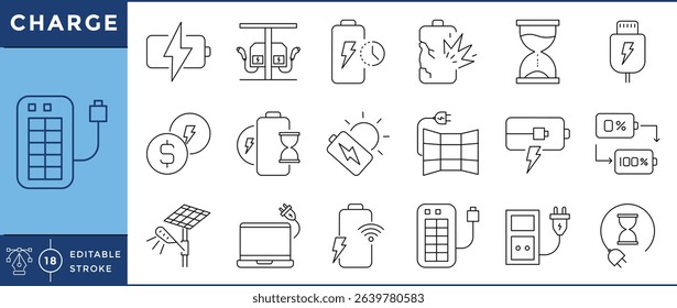 Charge icons pack. 18 line icons. Vector editable stroke. Car, charge, battery, electricity.