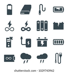 Charge icons. set of 16 editable filled charge icons such as battery, endless battery, no charge, wire