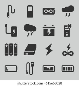 Charge icons set. set of 16 charge filled icons such as battery, wire, ful battery, thunderstorm, flash