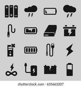 Charge icons set. set of 16 charge filled icons such as battery, wire, ful battery, thunderstorm, flash