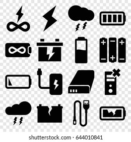 Charge icons set. set of 16 charge filled icons such as battery, wire, ful battery, thunderstorm, flash