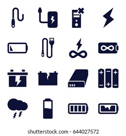 Charge icons set. set of 16 charge filled icons such as battery, wire, ful battery, thunderstorm, flash