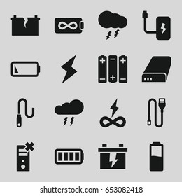 Charge icons set. set of 16 charge filled icons such as battery, wire, full battery, thunderstorm, flash