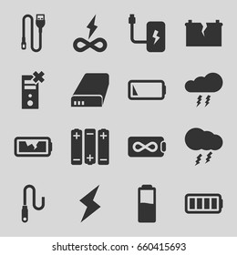 Charge icons set. set of 16 charge filled icons such as wire, battery, ful battery, thunderstorm, flash