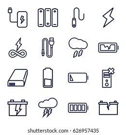 Charge icons set. set of 16 charge outline icons such as battery, wire, ful battery, thunderstorm, flash