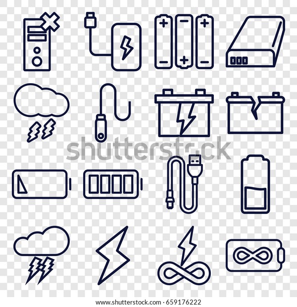 Charge icons set. set of\
16 charge outline icons such as battery, wire, ful battery,\
thunderstorm, flash