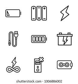 Charge icons. set of 9 editable outline charge icons such as battery, endless battery, no charge, wire
