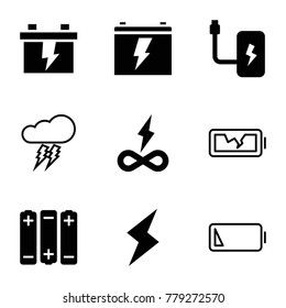 Charge icons. set of 9 editable filled and outline charge icons such as battery, endless battery, flash