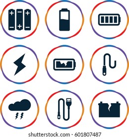charge icons set. Set of 9 charge filled icons such as wire, ful battery, broken battery, flash, thunderstorm