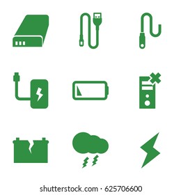 Charge icons set. set of 9 charge filled icons such as wire, battery, low battery, thunderstorm, broken battery, flash