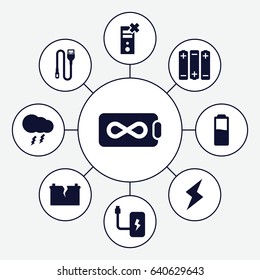 Charge icons set. set of 9 charge filled icons such as wire, thunderstorm, broken battery, flash, battery, endless battery