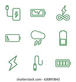 Charge icons set. set of 9 charge outline icons such as wire, ful battery, low battery, thunderstorm
