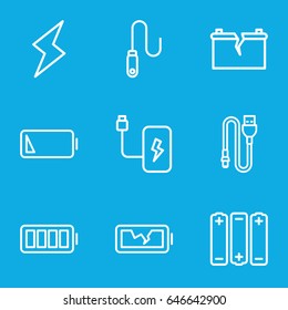 Charge icons set. set of 9 charge outline icons such as wire, ful battery, low battery