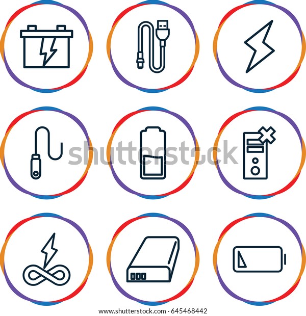 Charge icons set. set of\
9 charge outline icons such as battery, wire, low battery, flash,\
endless battery