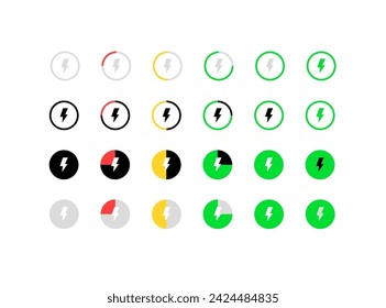 Charge indicator icons. Flat, color, collection of lightning in a circle, charge indicators. Vector icons