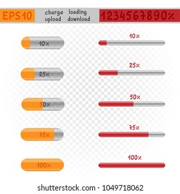Charge loading download upload template on white transparent background. Loader progress indicator percentage set collection. Easy to edit