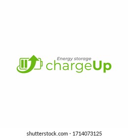 Charge up logo template, battery logotype. Battery with bent arrow vector design. Energy icon. Storage logo. Battery recycling icon.