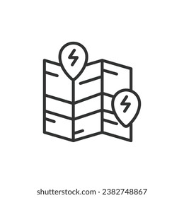 Charge map line icon. Map with EV charging station. Electric vehicle charging station icon. Editable stroke. Vector illustration