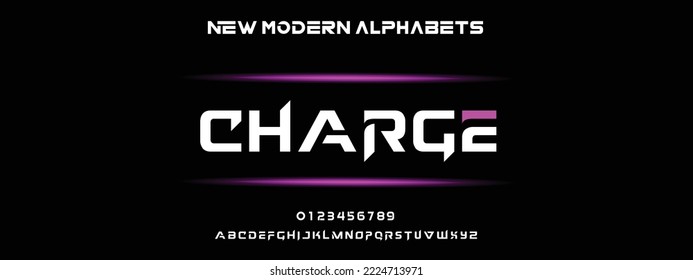 CHARGE Modern Fett Font. Normale Italienische Nummerntypografie Alphabet-Schriftarten für Mode, Sport, Technologie, Digital, Film, Logo-Design, Vektorgrafik