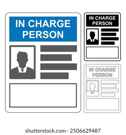 In charge person icon, sign and symbol. Half body photograph, name, part and contact number information vector illustration.