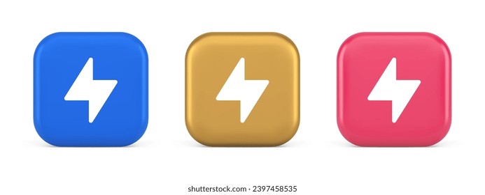 Charge power lightning button electricity thunderbolt arrow 3d realistic blue gold and pink icons. Electrical thunderstorm energy light electrical cyberspace connection web app - Powered by Shutterstock - Get 15% off with code: PIKWIZARD15