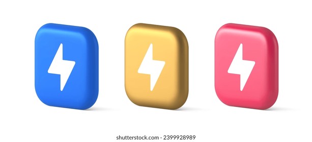 Charge power lightning button electricity thunderbolt arrow 3d realistic blue gold and pink icons. Electrical thunderstorm energy light electrical cyberspace connection web app
