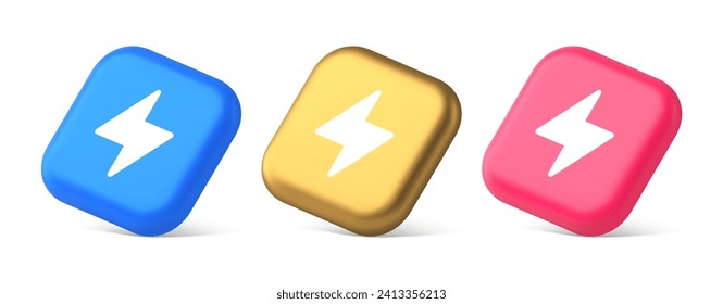 Charge power lightning button electricity thunderbolt arrow 3d realistic blue gold and pink icons. Electrical thunderstorm energy light electrical cyberspace connection web app