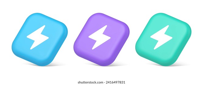Charge power lightning button electricity thunderbolt arrow 3d realistic blue purple and green icons. Electrical thunderstorm energy light electrical cyberspace connection web app