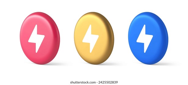 Ladung Power Blitzknopf Strom Thunderbolt Pfeil 3D realistische blaue Gold und rosa Symbole. Elektrische Gewitter Energie Licht Elektrische Cyberspace Verbindung Web App