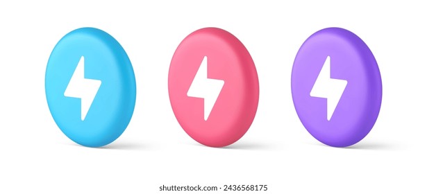 Charge power lightning button electricity thunderbolt arrow 3d realistic blue pink and purple icons. Electrical thunderstorm energy light electrical cyberspace connection web app