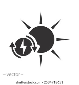 charge power sun battery, solar energy icon, sustainable eco resource, performance electric environment, flat vector illustration