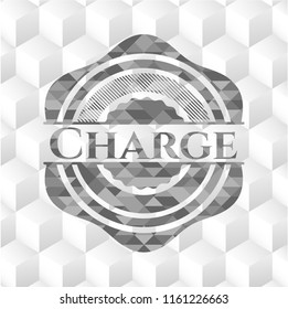 Charge retro style grey emblem with geometric cube white background