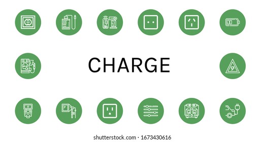 charge simple icons set. Contains such icons as Socket, Power bank, Flash, Battery, Levels, Electric meter, Electric car, Voltage, can be used for web, mobile and logo