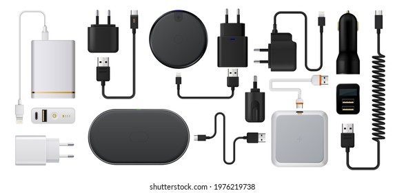 Charge smartphone. Realistic wireless charger. 3D energy battery refuels. Plug socket with USB cords. Auto charging adaptor. Isolated devices for mobile. Vector digital accessories set svg