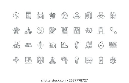 Charge station of electric car, battery, oil barrel and coal thin black symbols vector illustration. Power energy plant, electricity production, types of renewable generators line icon set.