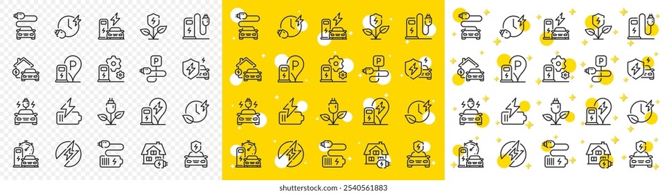 Charge station, Ev parking and Battery charger set. Electric car charging line icons. Home car charging, power station and electro energy line icons. Charge battery, parking electric plug. Vector