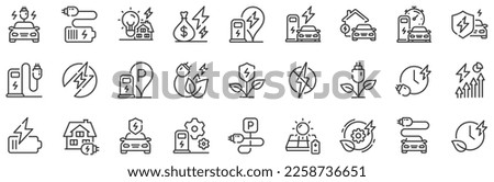 Charge station, Ev parking and Battery charger set. Electric car charging line icons. Home car charging, power station and electro energy line icons. Charge battery, parking electric plug. Vector