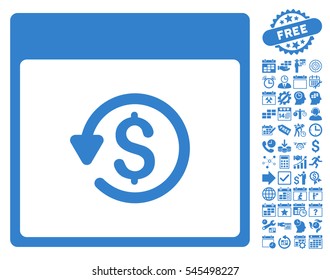 Chargeback Calendar Page icon with bonus calendar and time management graphic icons. Vector illustration style is flat iconic symbols, cobalt, white background.